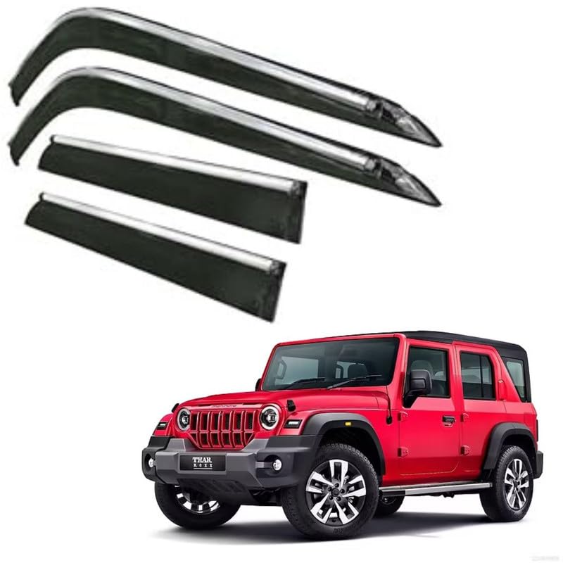 Image of CAR SAAZ Side Door Visors for Thar Roxx (2024-present) (Set of 4Pcs)|Chrome Lined Rain Guards, Smoke Finish, Polycarbonate Wind Deflector