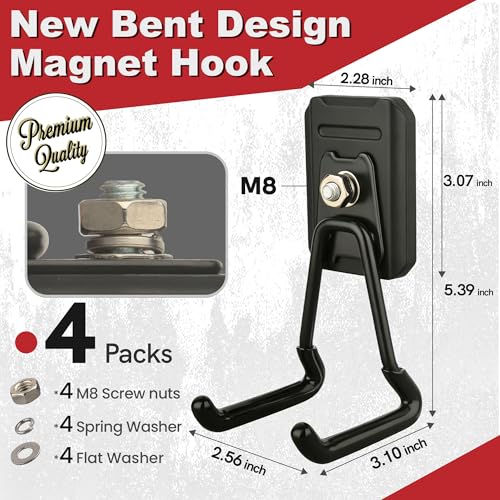 Image of Heavy Duty Magnetic Garage Hooks, 4 Pack Rubber Coated Strong Magnet Hooks for Power Drills, Garden Tools, Ropes, Magnetic Storage Hooks for Workshop and Garage Organization (Black)
