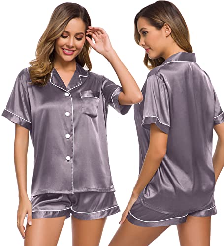 Image of SWOMOG Womens Silk Satin Pajamas Set Button Down Sleepwear Loungewear