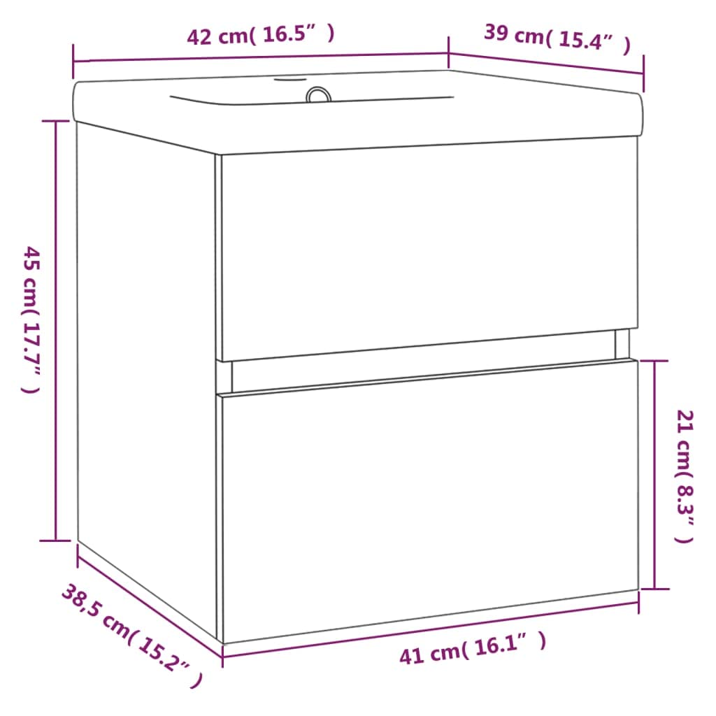 Armario de lavabo con lavabo empotrado, roble ahumado, cajón de almacenamiento de pared, rebosadero, muebles de baño
