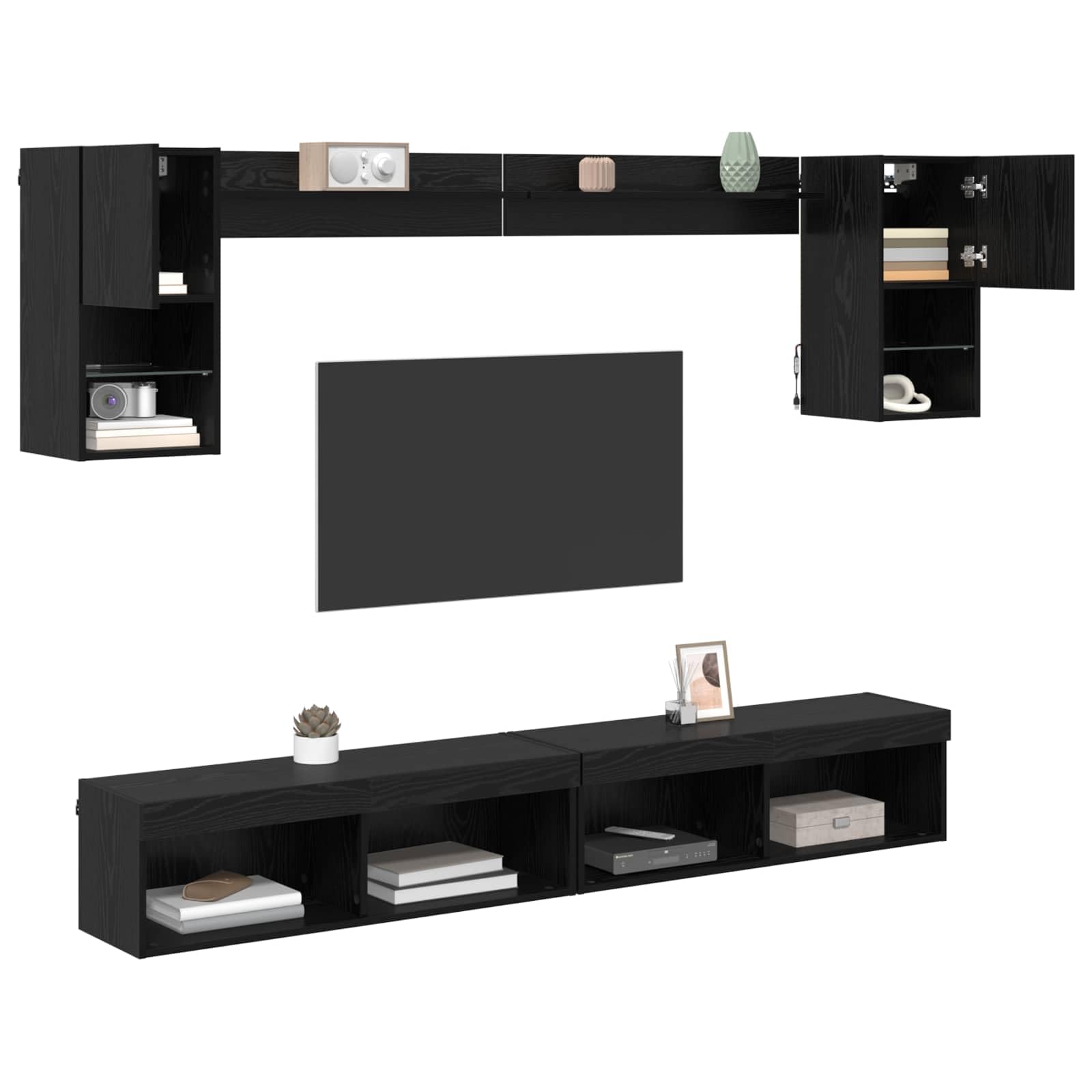 vidaXL TV Wall Units with LED 6 pcs Black Oak Engineered Wood