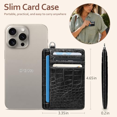 Image of Coco Rossi Crocodile Wallet Women Slim Credit Card Holder with Keychain | Luxury Wallets, Alligator Print, RFID Blocking, ID Case, Small Minimalist, Womens Girls Gift, Black Croc