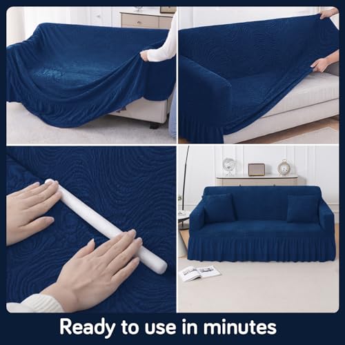 Image of HOKIPO 240 GSM Premium Jacquard Sofa Cover 1 Seater Fully Covered, 'Serene Wave Series' Navy Blue (AR-6352-NBL)