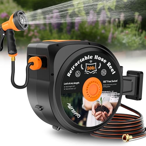 Retractable Garden Hose Reel 1/2 in x 50 ft Wall Mounted Hose Reel
