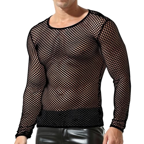 QiaTi Men's Fishnet Shirt Mens Fishnet Top Mesh Transparent Long Sleeve Muscle T-Shirt Net Undershirt Top for Men4