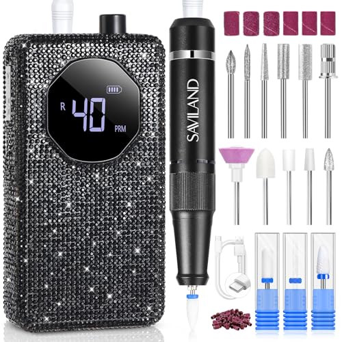 SAVILAND Professional Nail Drill 40000 RPM: Portable Electric Nail Drill Kit File Machine with Ceramic Nail Bit Sanding Bands for Quick Acrylic Removal Manicure Salon Home Use, Black Diamond