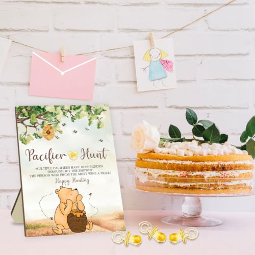 Image of Winnie Pacifier Hunt Sign for Baby Shower Game, 50Pcs Yellow Mini Pacifiers Decor for Baby Shower, the Pooh Baby Shower Party Games, Happy Hunt Party Games Set