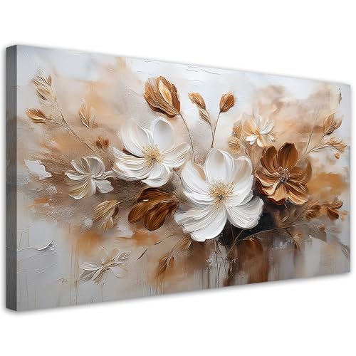 Feeby - Tableau sur Toile - Decoration Murale Peinture - Fleurs sauvages peintes en blanc et brun - 100x50 1partie - Tableaux chambre à coucher - Decoration...
