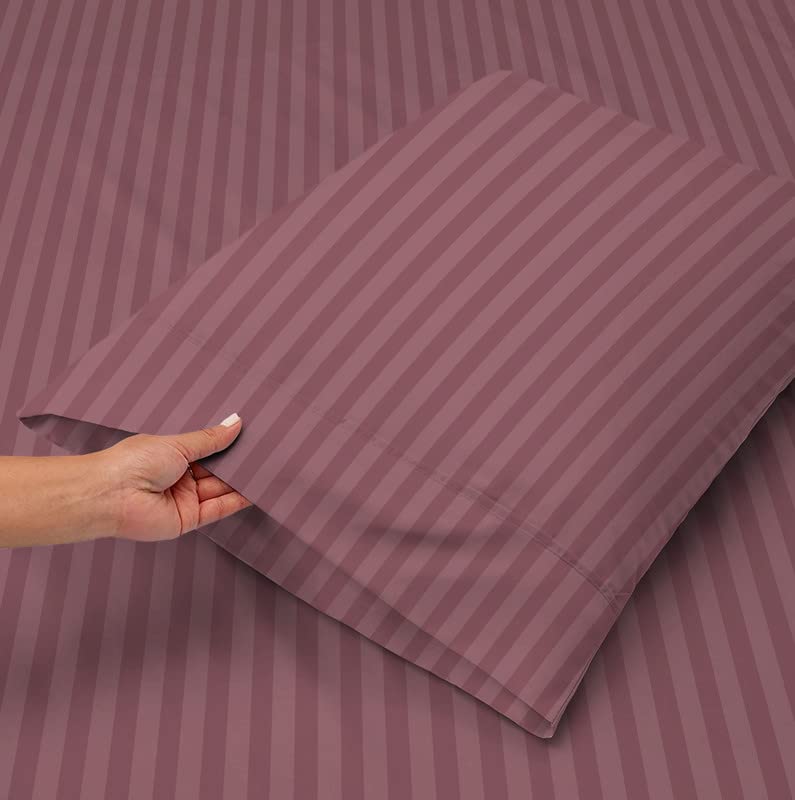Image of BSB HOME 210 Tc Premium Glace Cotton Striped /Lining Plain Bedsheet For Double Bed King Size With 2 Pillow Covers For Home-Hotels-Guest House-Bargandi, Purple
