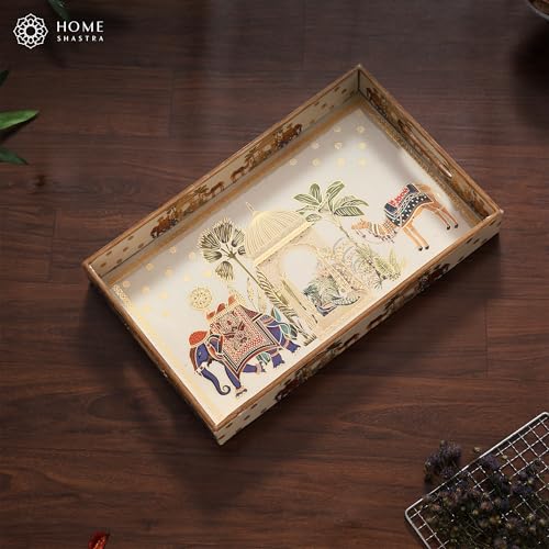 Image of Wooden Serving Tray with Gold Engraving | Set of 1 | Size : 16 x 10 inch | Enamel Coated Waterproof | Rectangular | Decorative Trays | Royal Camel Large