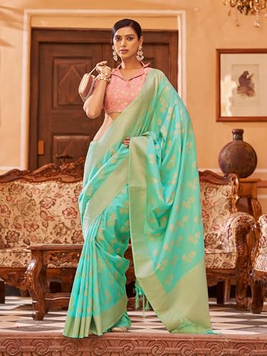 Image of SWORNOF Women's kanjivaram banarasi silk saree Zari Woven for festival Wedding silk with rich pallu Design sarees for women with Unstitched blouse piece