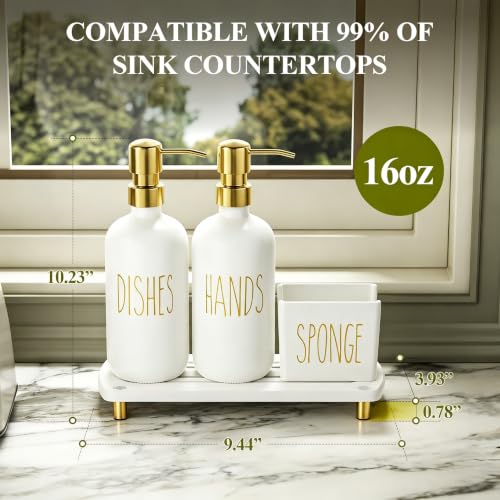 Image of Cisily Kitchen Soap Dispenser Set Comes with Ceramics Sponge Holder, Gold Pumps, and Instant Dry Tray, Hand and Dish Soap Dispenser Set, Kitchen Decor and Accessories for Countertop Organizer