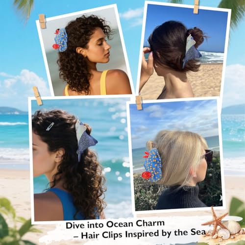 Ocean-Themed Hair Claw Clip – Blue & Red Sea Slug Design, 3.54 Inch, Shark Teeth Grip, Glossy Gold Accents – Durable Spring Clip Gift for Women & Girls