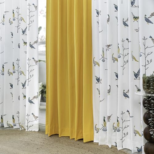 Image of Tranquebar Curtain Co. Window Curtains 5 Feet, 60-65% Room Darkening, Multicolor (Blue, Yellow) Bird Print, Cotton Curtains for Window, BackTab Loops, Design Shiri Yellow Combo (152 cm) - Set of 3