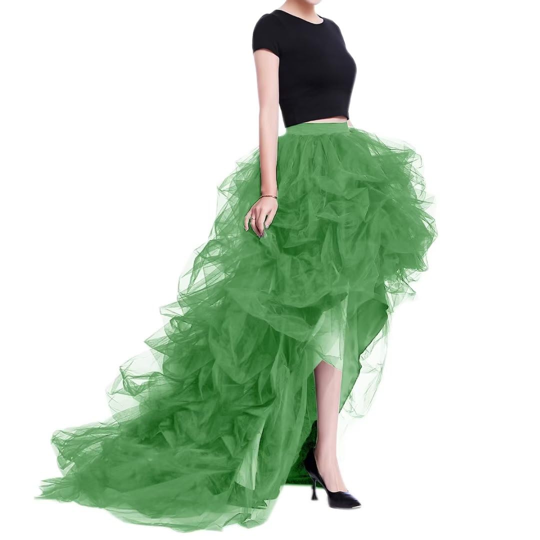 WDPL Women's High Low Ruffles Tulle Skirt with Train for Photoshoot (Emerald, Small)
