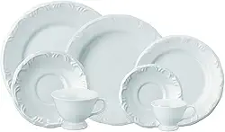 Serviço de Jantar Chá Café 42 peças em Porcelana. Modelo Redondo com Relevo Pomerode. Branca. Fabricado pela Schmidt.