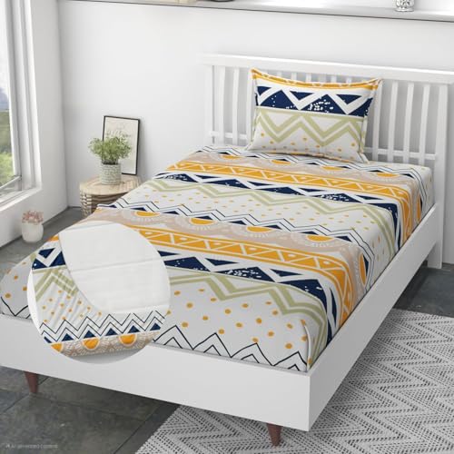 Image of Blue Strip 220TC Glace Cotton Elastic Fitted Floral Bedsheets Single Bed with 1 Pillow Cover | Single Bed with All Around Elastic, Size 42 X 75 Inches (whiteTriangle), Small Single