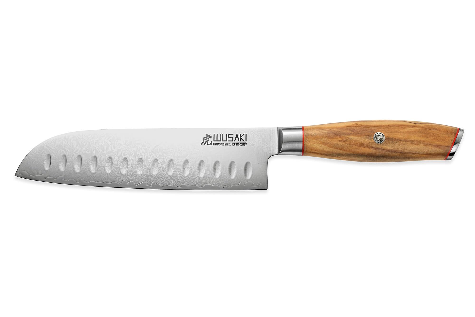 Wusaki Fujiko - Couteau Santoku 18cm design japonais lame damas 10CR manche bois d'olivier - Vendu dans un coffret