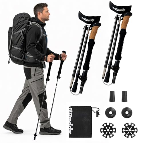 TrailBuddy Foldable Trekking Poles – Ultralight 7075 Aluminum, EVA & Cork Grip Collapsible Hiking Poles – Lightweight Adjustable Walking Sticks for Men, Women, Seniors & Travel