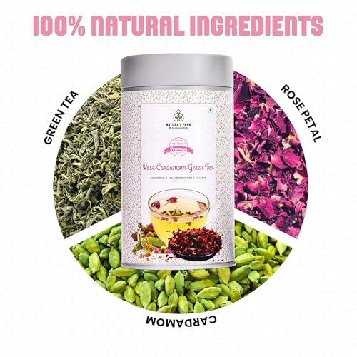 Image of Nature's Park - Rose Cardamom Green Tea - 100g - Natural Stress Reliever, Skin & Hair Health with Antioxidants - Made with 100% Loose Leaf, Natural Cardamom & Rose Petals - Herbal Tea
