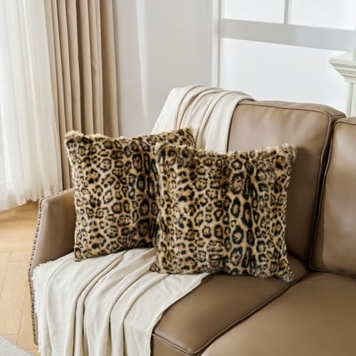 Animebody Cheetah Print Faux Fur Fluffy Pillowcases Plush Soft Throw Pillow Covers Fuzzy Decorative Leopard Print Pillow Cases Furry Brown Leopard Cushion Covers for Couch Sofa-18x18 inch Set of 2