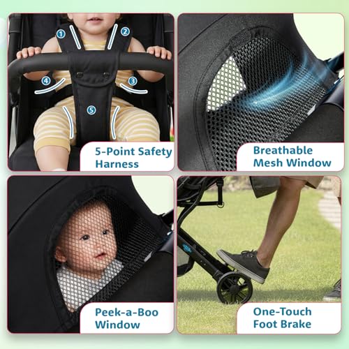 Image of Amazon Brand - Supples Baby Stroller for Newborns & Toddlers 0-3 Years | Auto Fold Travel Cabin Trolley Pram | Adjustable Backrest, 5-Point Safety Harness, 360 Wheels | Black