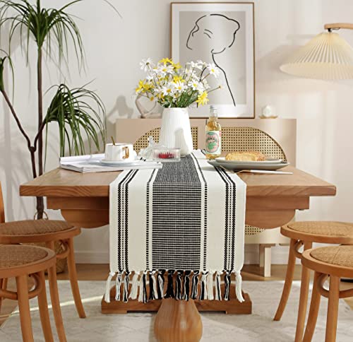 Caflife Boho Table Runner Balck And White For Modern Farmhouse Decor, Natural Cotton Woven Runner With Tassels For Home Dining Table Décor 13 X 72 Inch Long #TOP2
