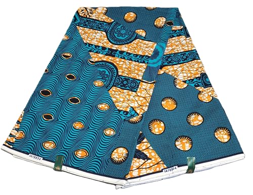 African Wax Fabric Hollandais Style, Real Wax African Print Cotton Fabric, Block Prints Dutch Hollandais 100% Cotton for Craft and Sewing 3yards. (Blue and Orange Multicolor)