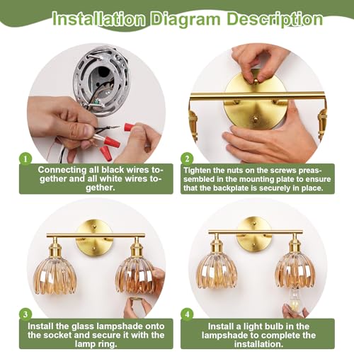 Image of Vintage Bathroom Light fixtures, Gold Vanity Lights, ETL Certified