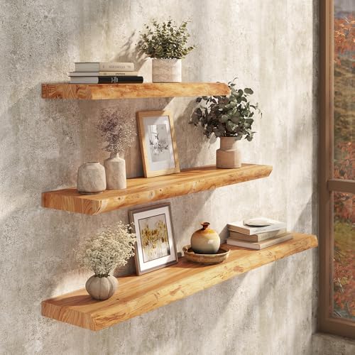Image of 55 inch Floating Shelves, Solid Elm Wood, Natural Live Edge