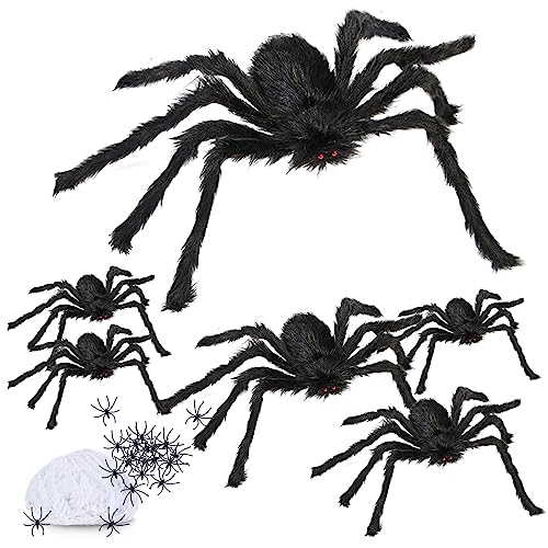 Bseical Araña De Halloween,26 Piezas De Arañas De Halloween Aterradoras Y 60g Tela Araña Halloween,Araña De Peluche,Decoracion Halloween Araña Falsa Realista para Halloween Exterior Fiesta Decoración