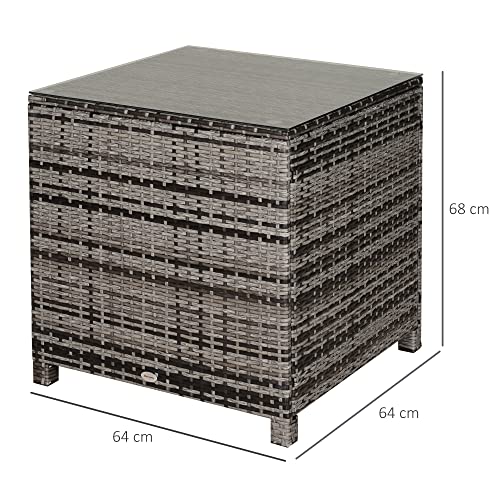 Outsunny Square PE Rattan Side Table - Stylish Outdoor Coffee Table with Tempered Glass Top in Mixed Grey - Image 3