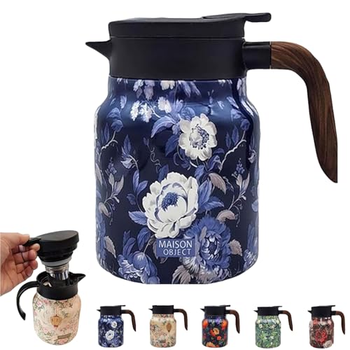 Termo For Té Con Estampado Floral Vintage: Infusor Integrado, Tetera Térmica Con Asa, Jarra Térmica De Acero Inoxidable For Bebidas Frías Y Calientes.(1000ml-Wooden handle-blue)