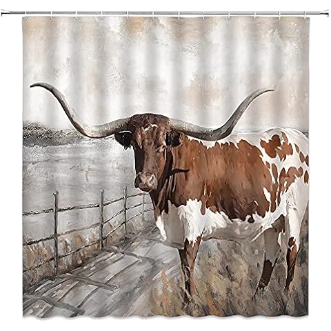 Longhorn Cow Shower Curtain Western Rustic Highland Bull Fence Texas Farm Animal Painting Farmhouse Fabric Bath Curtains Bathroom Polyester with Plastic Hooks 70x70Inch Cover