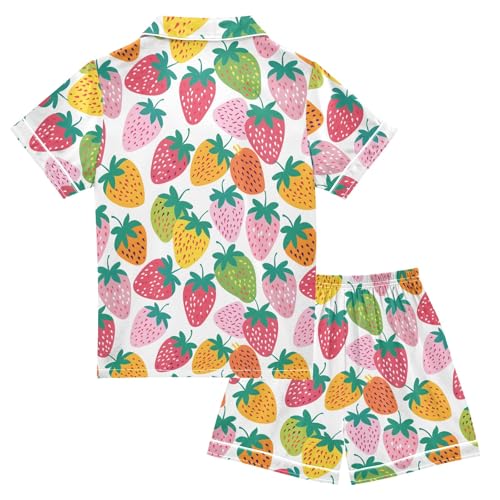 Cute Colorful Strawberry Summer Satin Pajama Set, Cute Button-Down Sleepwear Pj Set for Sleep Wears2