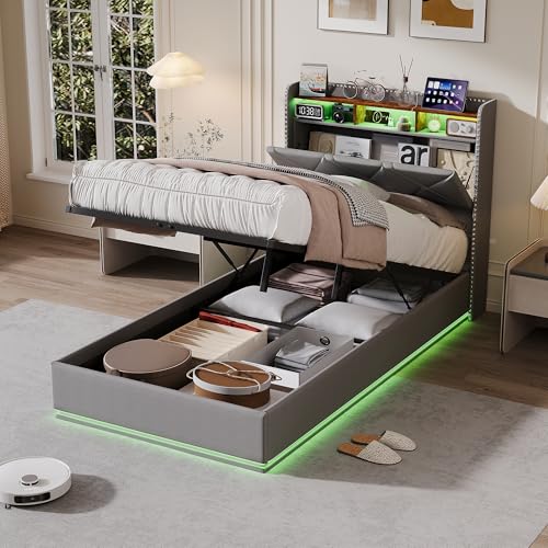 Poeahu Cama baúl de 90 x 200 con somier LED y USB, cama individual con almacenamiento hidráulico, cama individual acolchada con cabecero con almacenamiento, marco de cama individual, sin colchón
