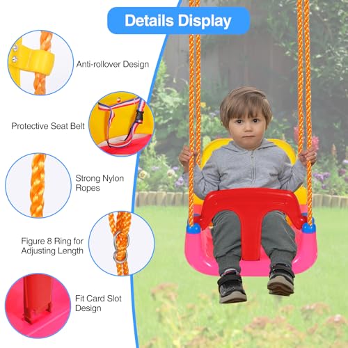 Image of RedSwing 4-in-1 Kids Swing Seat for Infants to Teens with Detachable Safety Harness,Snug & Secure Outdoor Playground Swing Attachment for Backyard, Garden,Park | Large Size, Pink Red Yellow