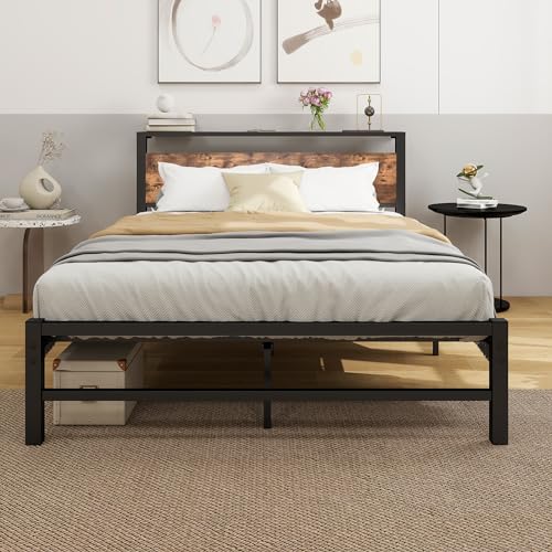 ARFARLY Struttura Letto Metallo 140x200 cm con Testiera in Legno