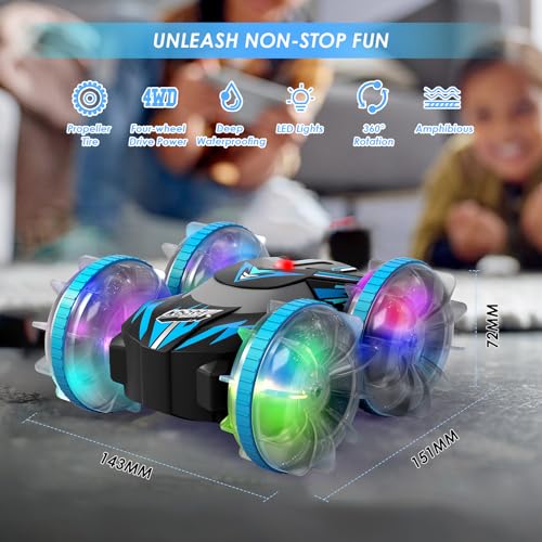 CGSGDK Beach Amphibious Remote Control Car Toys,2.4 GHz Remote Control Boat Waterproof, All Terrain RC Stunt Car with LED Lights, Land Water Boat Birthday Gifts Toys for 6-12 Year Old Boys Girls