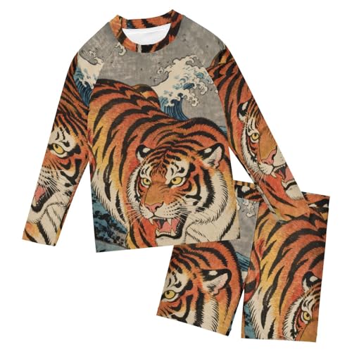 Camiseta de protección UV para niños con manga larga y diseño japonés de olas, de 3 a 10 años