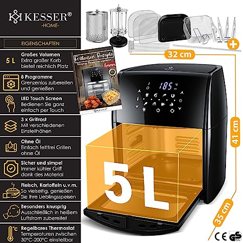 KESSER® XXL Airfryer 9in1 Heißluftfritteuse Fritteuse, | Drehgrill | Dörrautomat | Rezeptheft | Grillspieß | 1800 Watt | fettfrei grillen ohne Öl | 8 Programme | inkl. Zubehör Schwarz – Bild 3