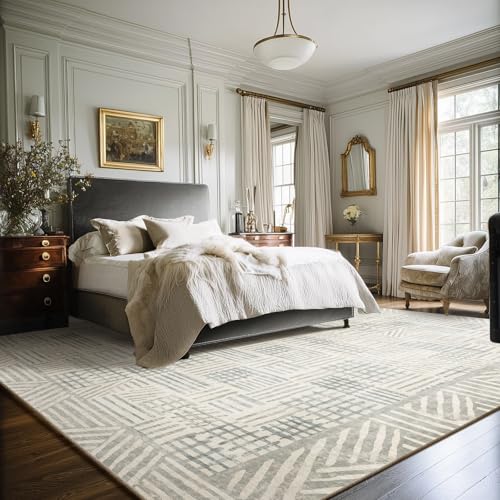 Image of Area Rug 9x12 Abstract Geometric Textured Brushstroke - Neutral Gray & Light Blue Modern Minimalist Area Rug, Decorative Carpet for Living Room Bedroom Home Decor