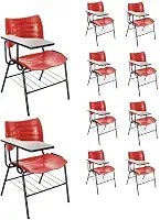 KIT 10 Cadeiras Universitárias Vermelho com porta livros
