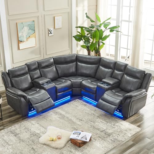 Power Recliner Sectional Sofa Couches with LED Lights for Living Room, Faux Leather Wall Hugger Reclining Corner Couch Sets with 2 Home Theater Seat, USB Charger, Cup Holder, Storage Console, Grey