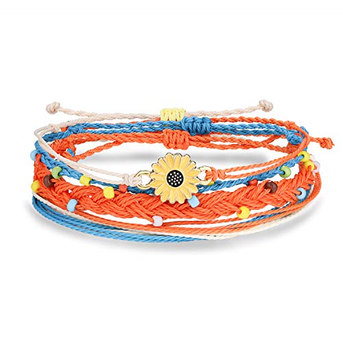 Shonyin Boho Sunflower Bracelet Set Wax String Women Waterproof Hand-Woven Braided Bracelets Adjustable Cord layered 4 Bracelets Surfer Beach Back to School Gifts For Girl Teen Her Girlfriend