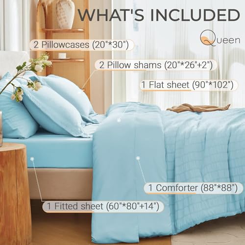 Image of MUXHOMO 7 Pieces Queen Comforter Set, Seersucker Bed in a Bag Queen Size, All Season Luxury Bedding Set with Comforter, Flat Sheet, Fitted Sheet, Pillowcases & Shams, Lake Blue
