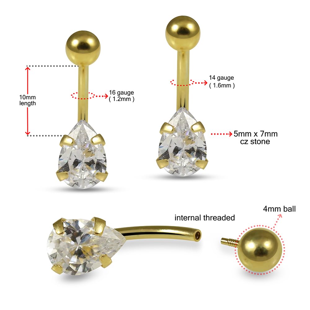 Piercing para ombligo de oro amarillo macizo de 14 quilates, calibre 16, con forma de lágrima, calibre 16, joyería para ombligo, anillos curvados de oro, 16 Gauge ( 1.2mm ), Circonia