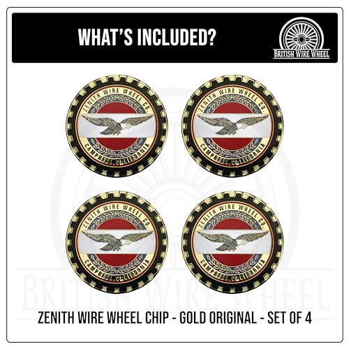 Image of Zenith Gold Metal Wheel Chip Emblems (Set of 4) | 24K Triple Gold Plated Solid Metal Wheel Chip Emblems, 2.25 inch | Designed for Lowriders with Recessed Knock Off Spinner Caps