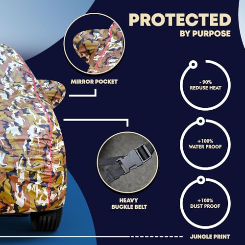 Image of Kerwa Car Body Cover Waterproof Compatible with TATA Indigo ECS | Scratch Proof, Anti-Dust, UV Protection | Windproof Buckle Strap | Fitted Bottom Elastic | Side Mirror Pockets-Jungle