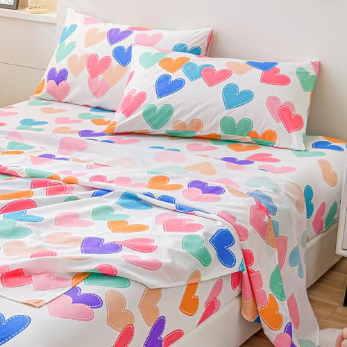 Winlife MK8097 Kids Sheet Set Twin Size Colorful Hearts Printed Bed Sheet Set thumb #2